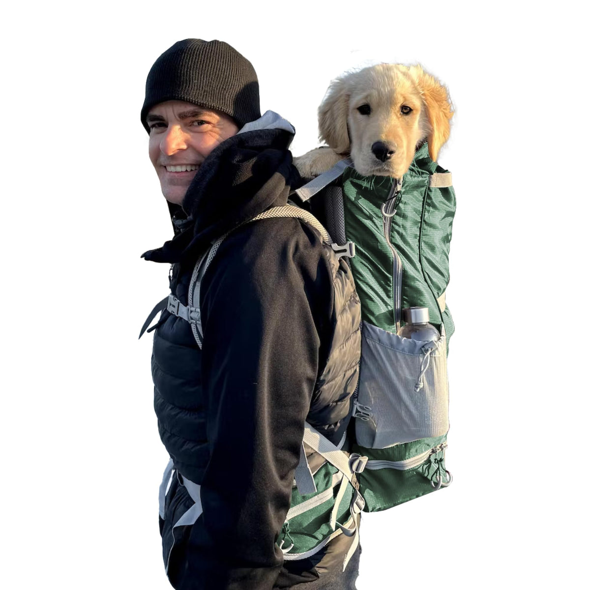 K9 Sport Sack Kolossus large Myrtle Green front view worn for hands-free adventures