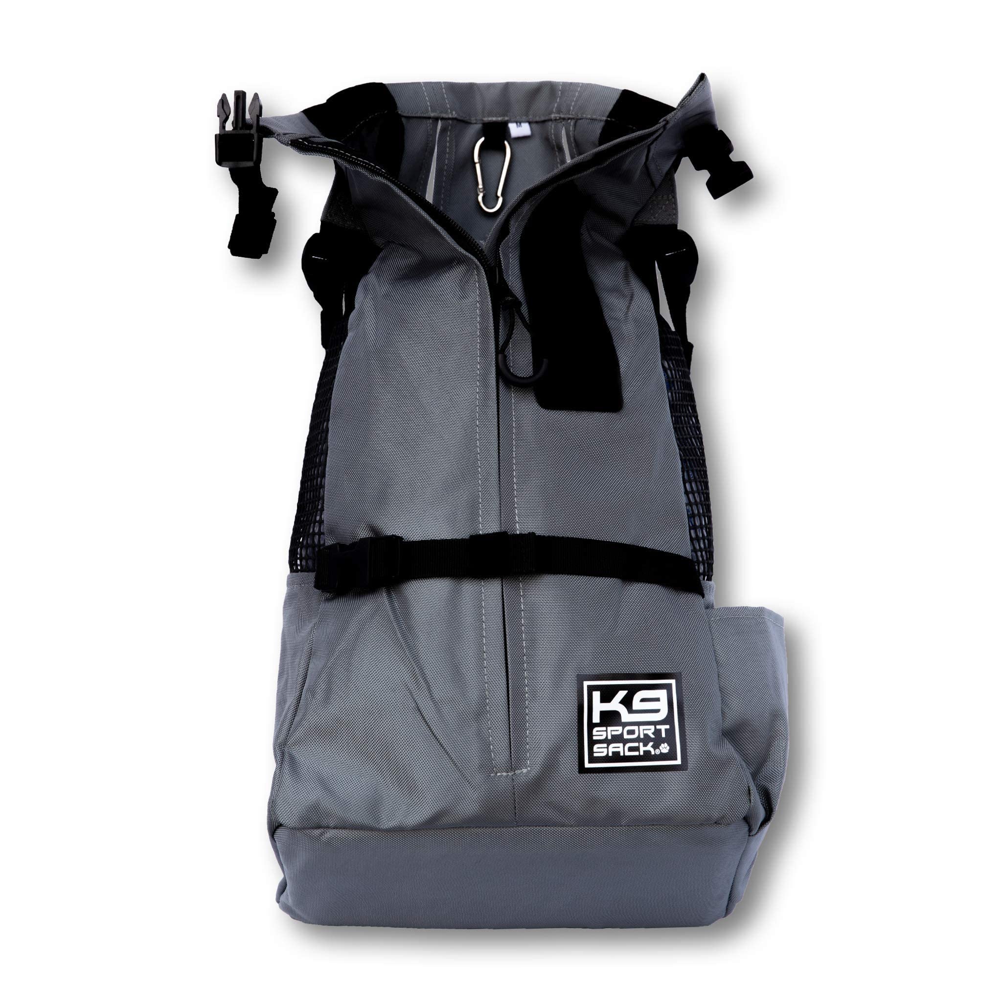 K9 Sport Sack Trainer Medium Iron Gate on-dog view showcases secure fit for quick, non-strenuous adventures