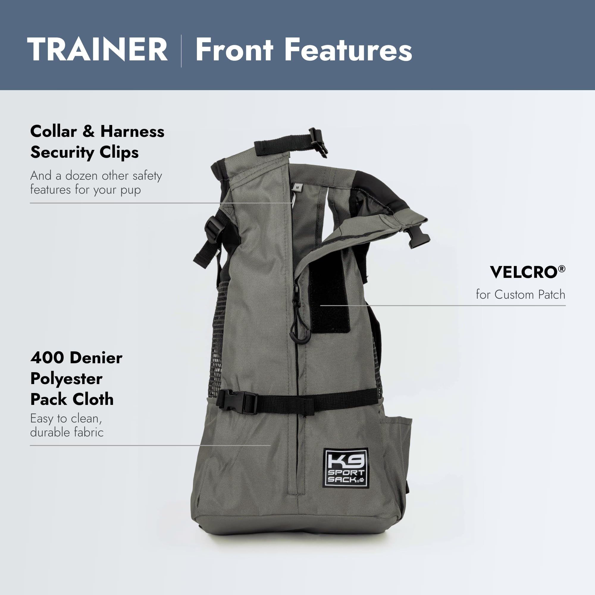 K9 Sport Sack Trainer X-Small lumbar support strap supports balanced weight distribution during walks.