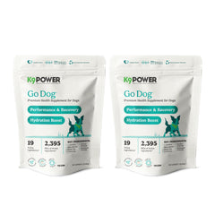 K9Power Go Dog bottle closeup showing electrolyte blend for hydration support.