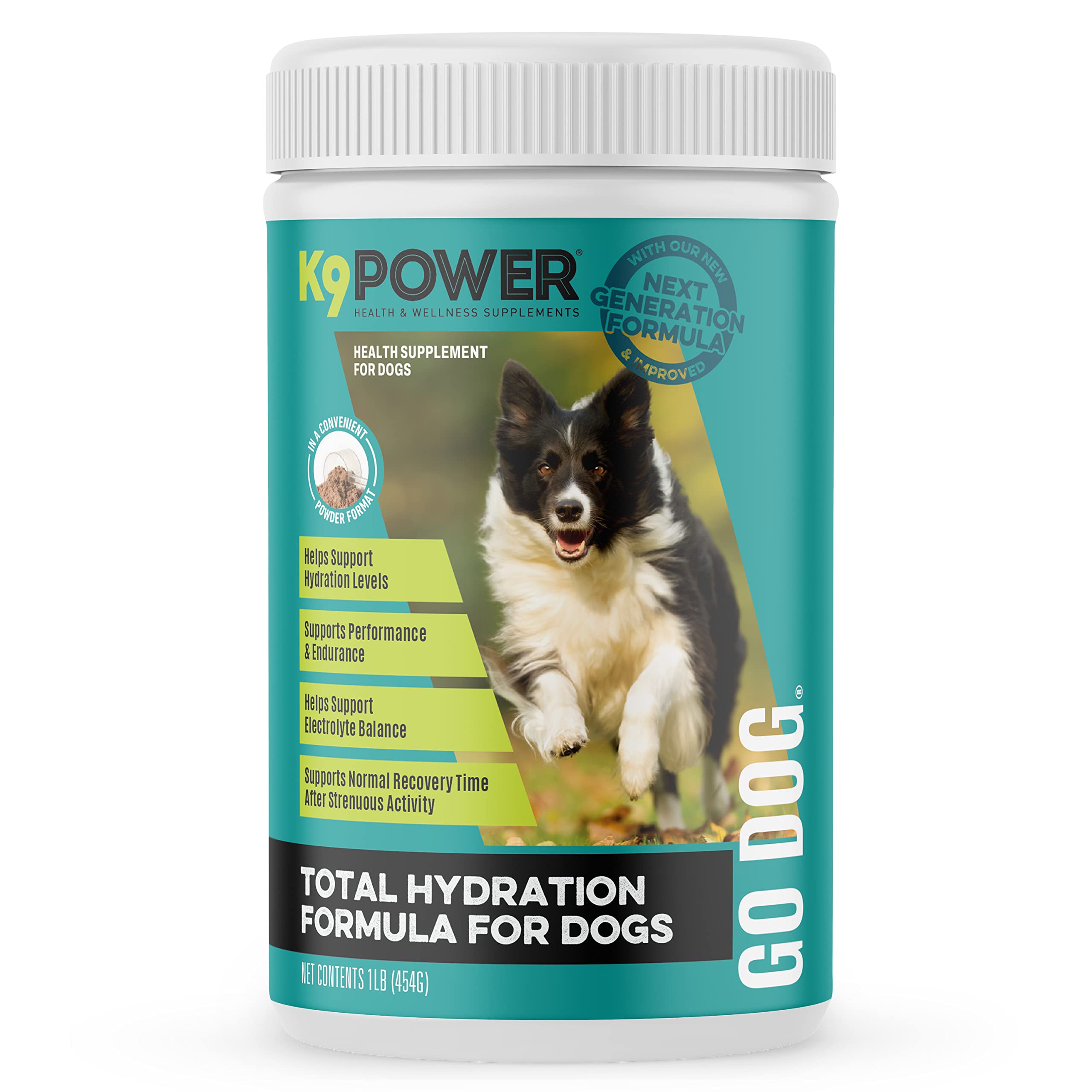 K9Power Go Dog bottle front shows hydration support for active dogs during workouts.