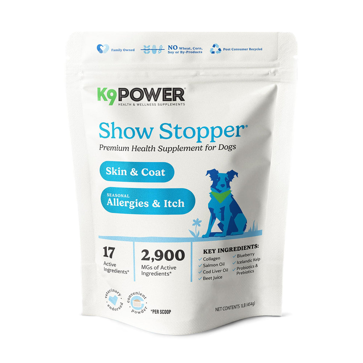 K9 Power Show Stopper bottle label showcases omega-rich formula for healthier coat.