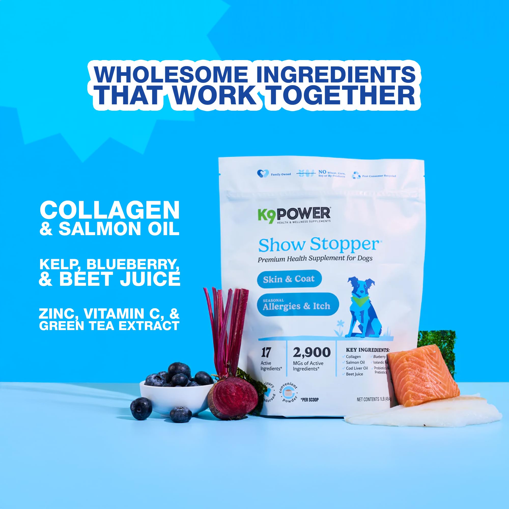 K9 Power Show Stopper ingredients chart highlights zinc, kelp, beet juice for overall wellness.