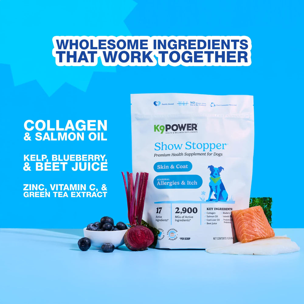 K9 Power Show Stopper ingredients chart highlights zinc, kelp, beet juice for overall wellness.