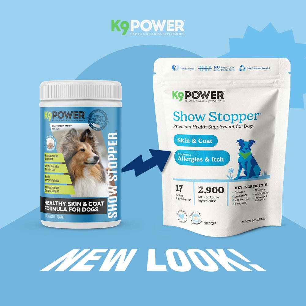 K9 Power Show Stopper jar ingredients highlights salmon oil, collagen, and probiotics for skin support.