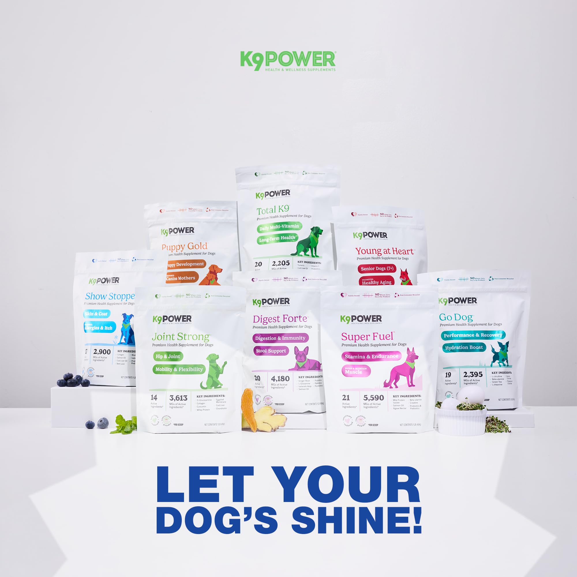 K9 Power Show Stopper packaging closeup emphasizes natural ingredients and premium quality.