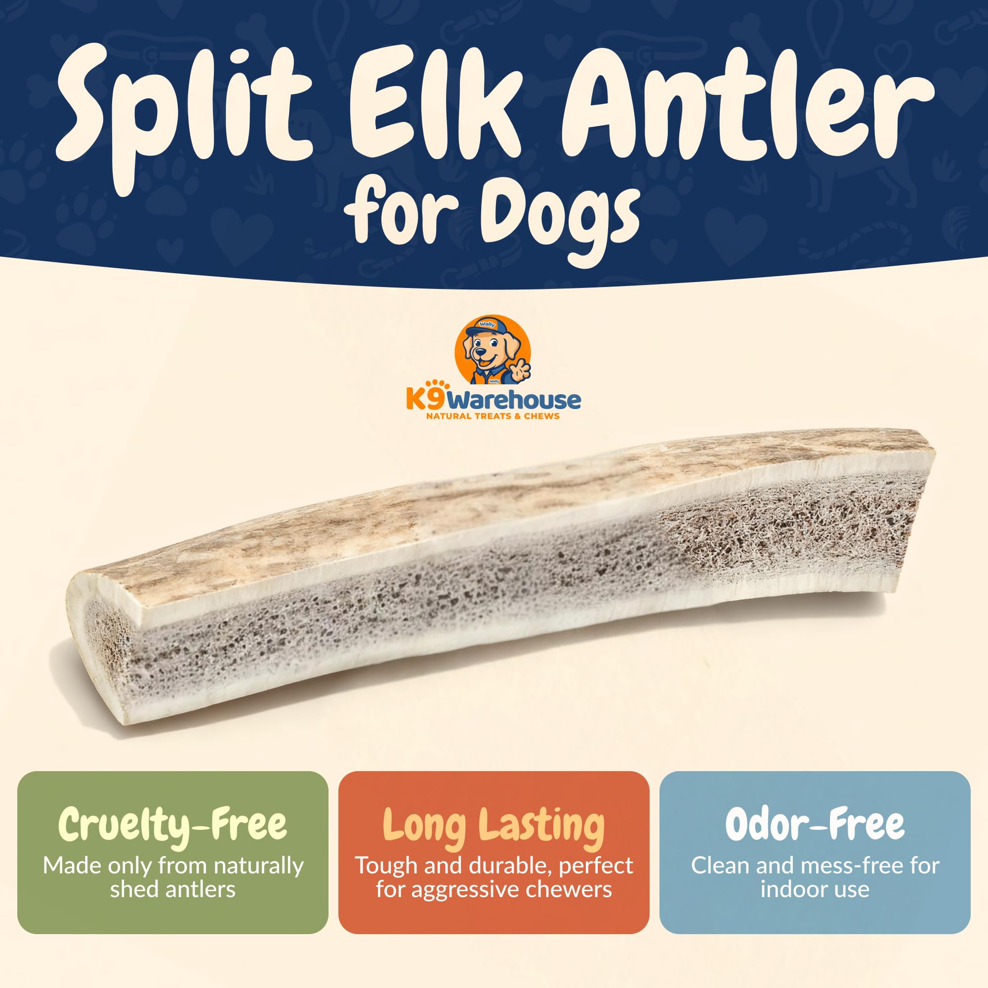 K9warehouse natural split elk antler closeup highlights tough texture for aggressive chewers.