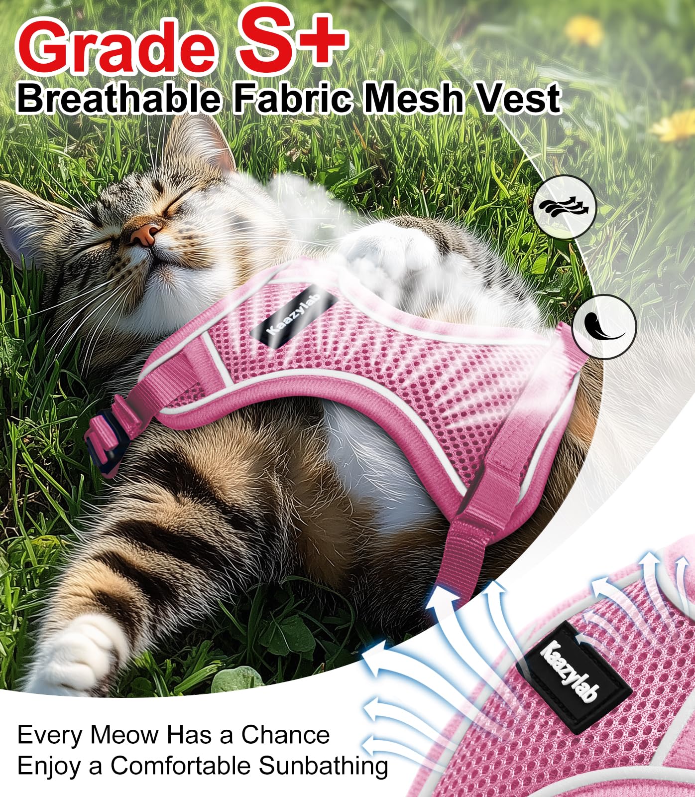 Kaazylab cat harness breathable air mesh pink M aids cooling during long outdoor walks.
