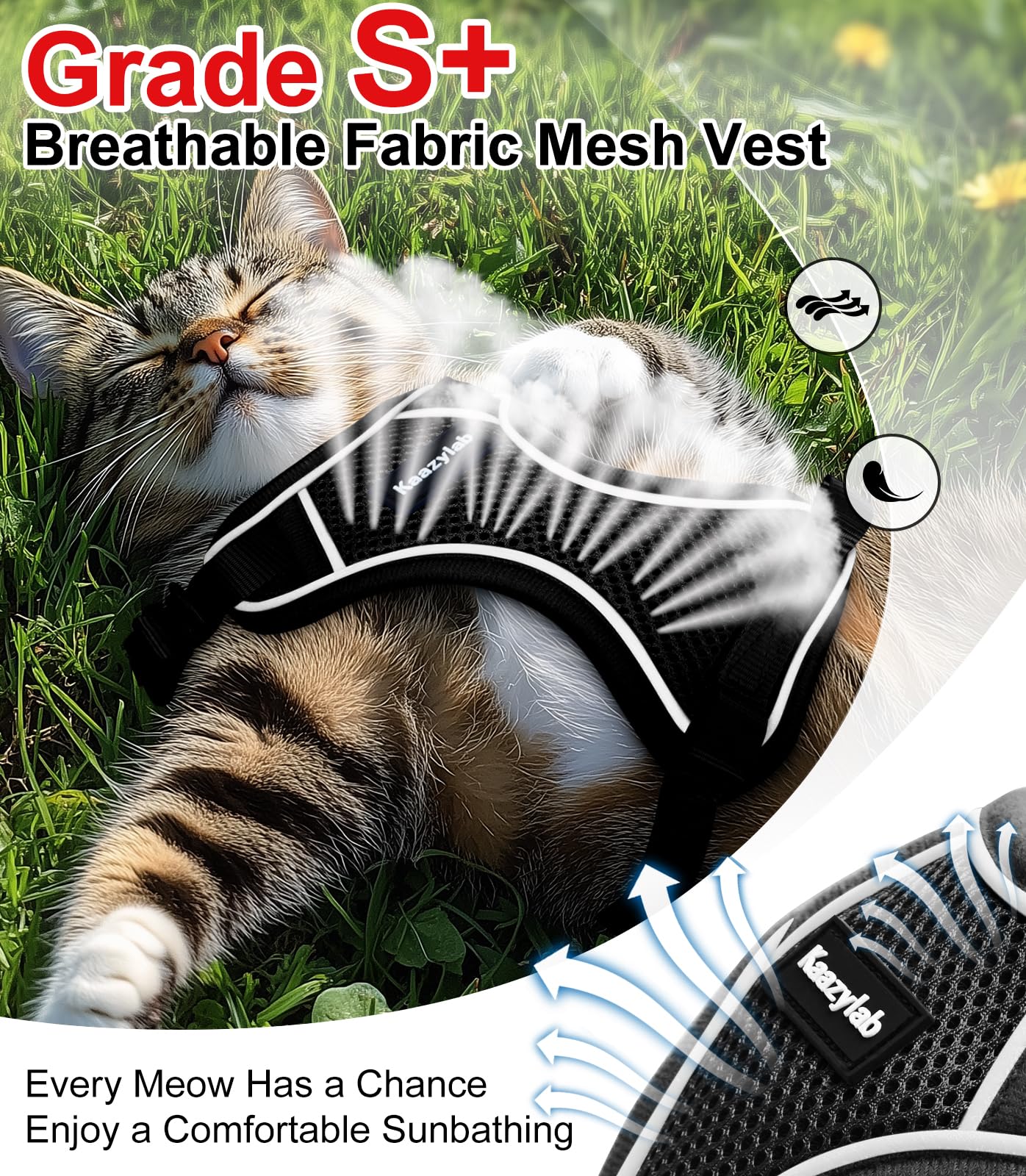 Kaazylab cat harness breathable air mesh fabric keeps cats cool