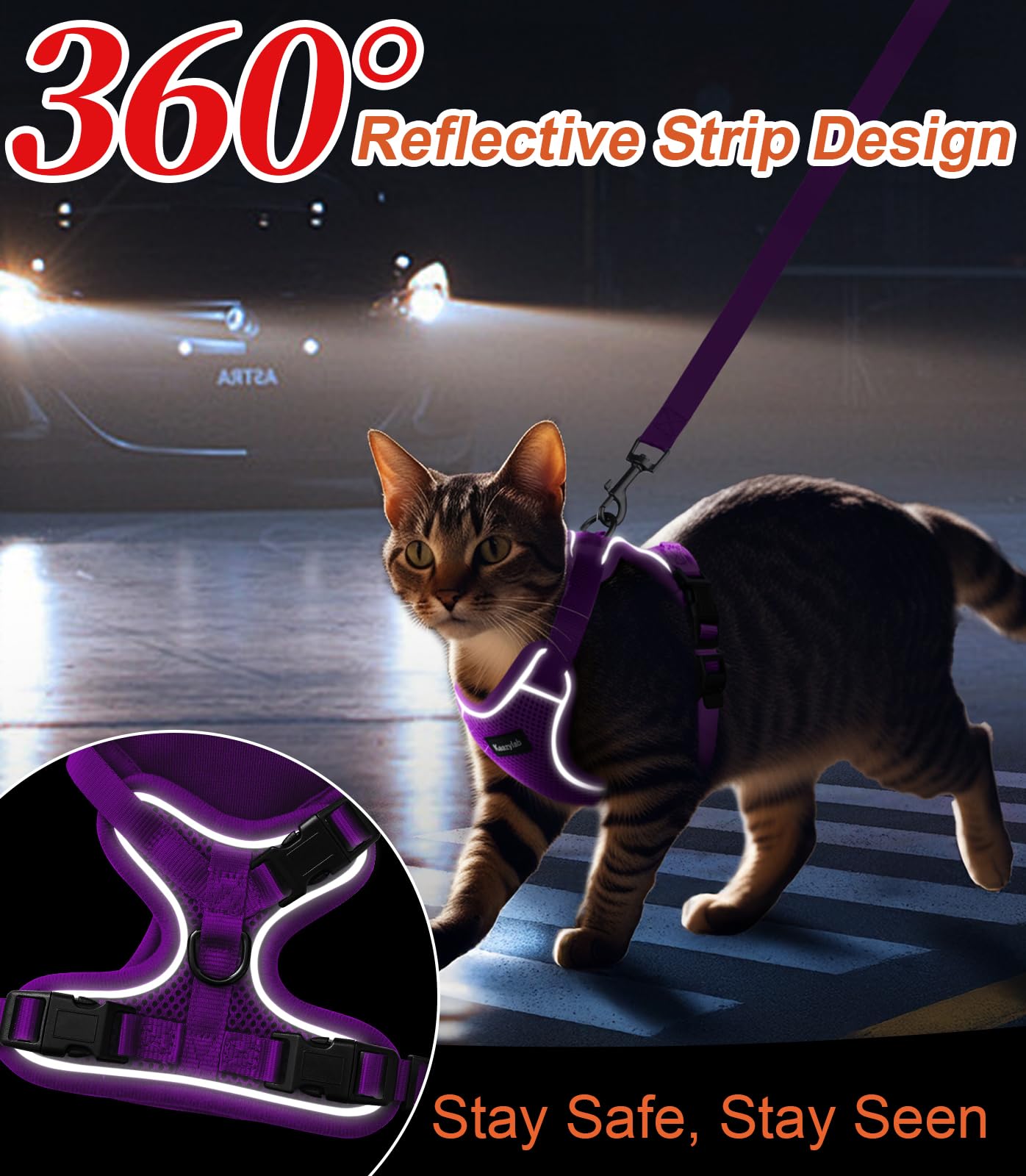 Kaazylab cat leash purple woven for stylish outdoor adventures.