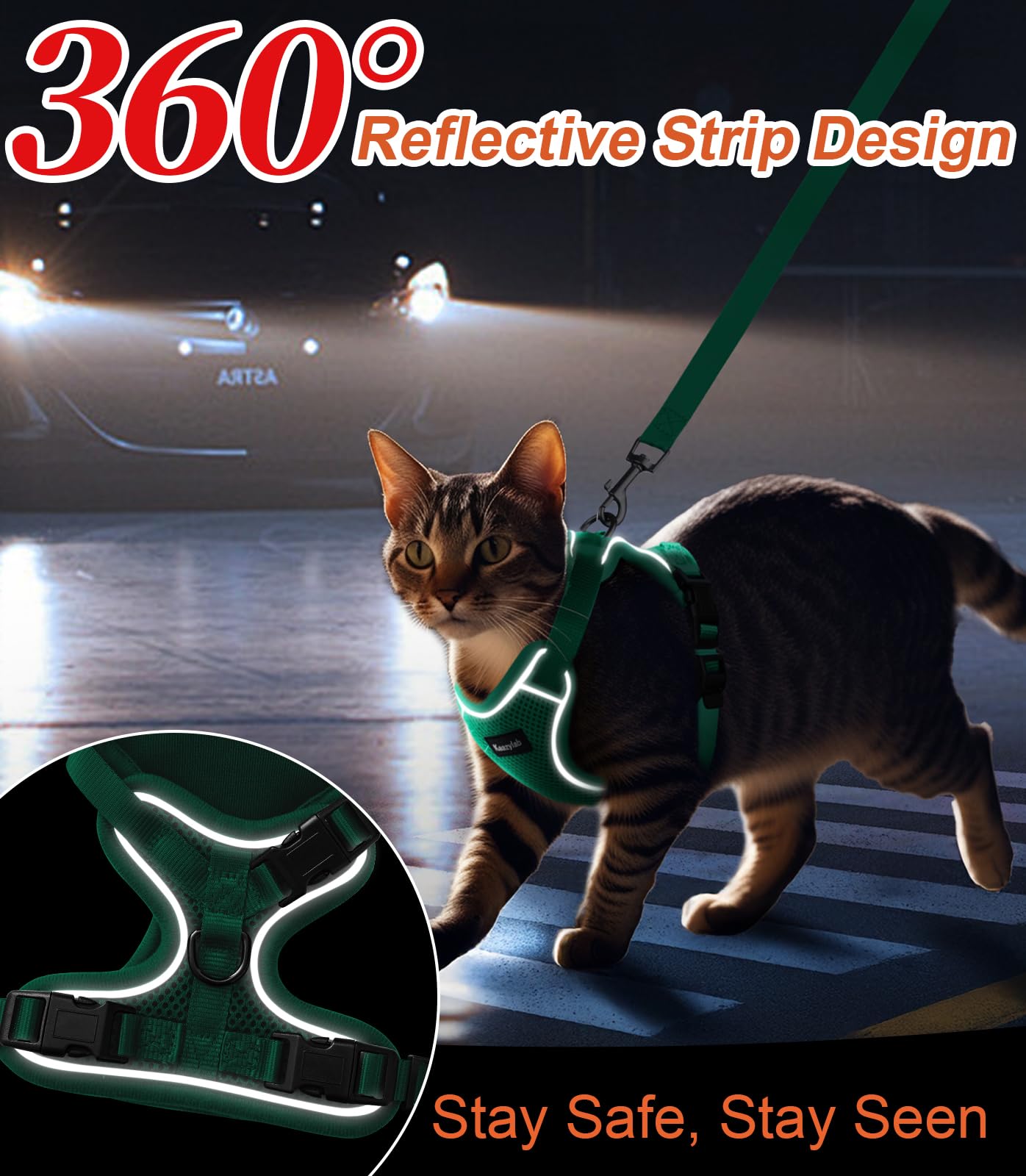Kaazylab Emerald harness features reflective strips for better visibility at night.