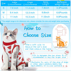 Kacctyen cat recovery suit size guide with measurements on neck, chest, back.
