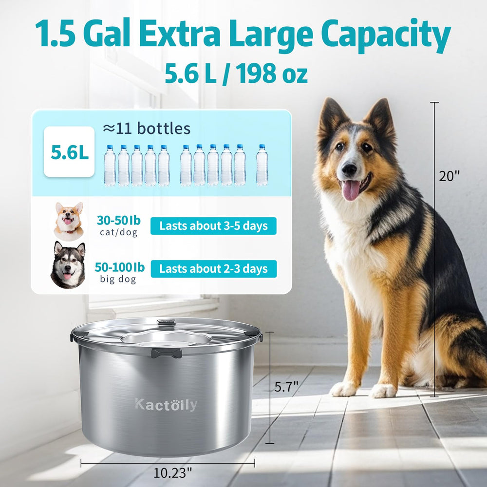 Kactoily 5.6L no-spill dog bowl non-slip-base highlights stable setup on slick floors.