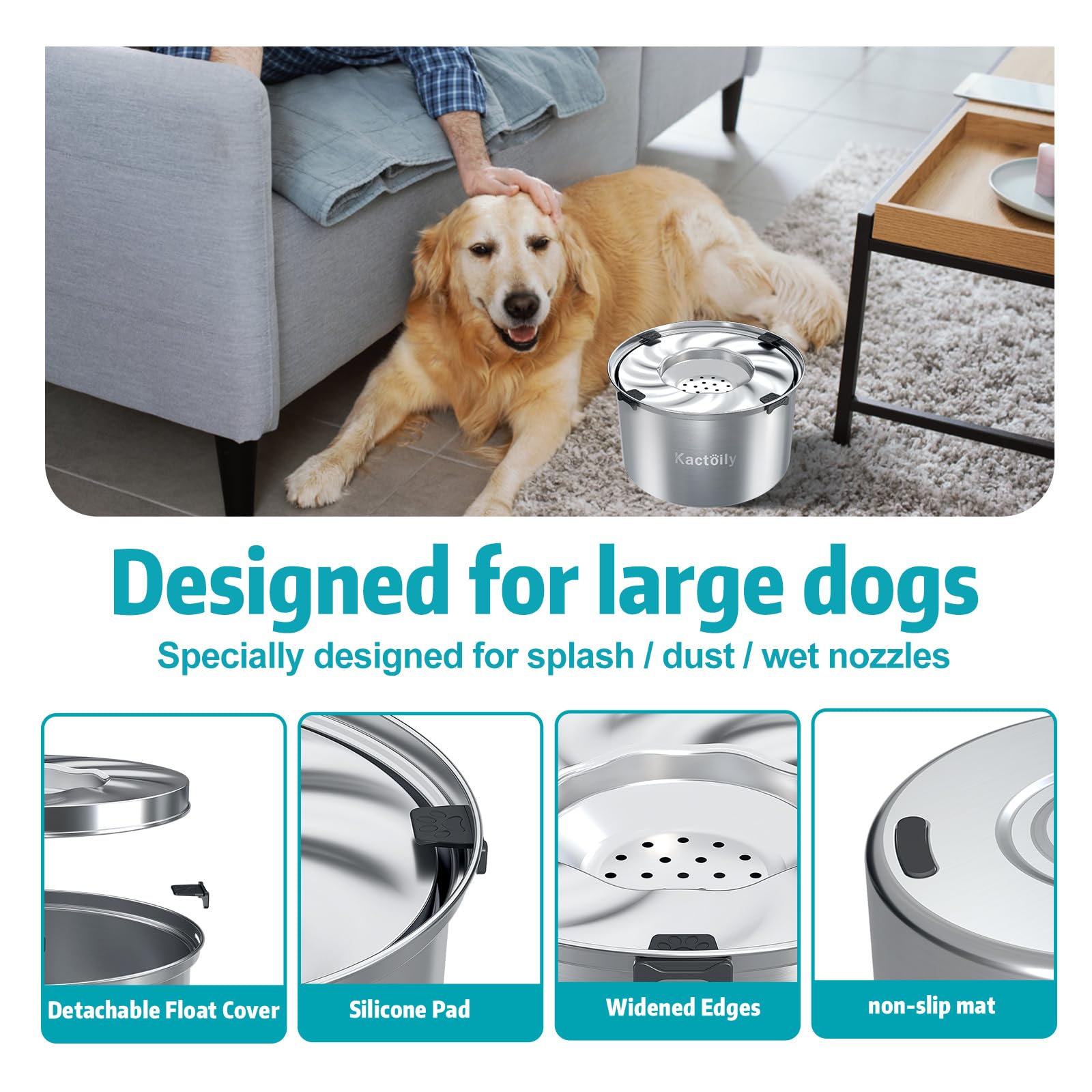 Kactoily 5.6L no-spill dog bowl slow-drinking disk demonstrates calmer sipping.
