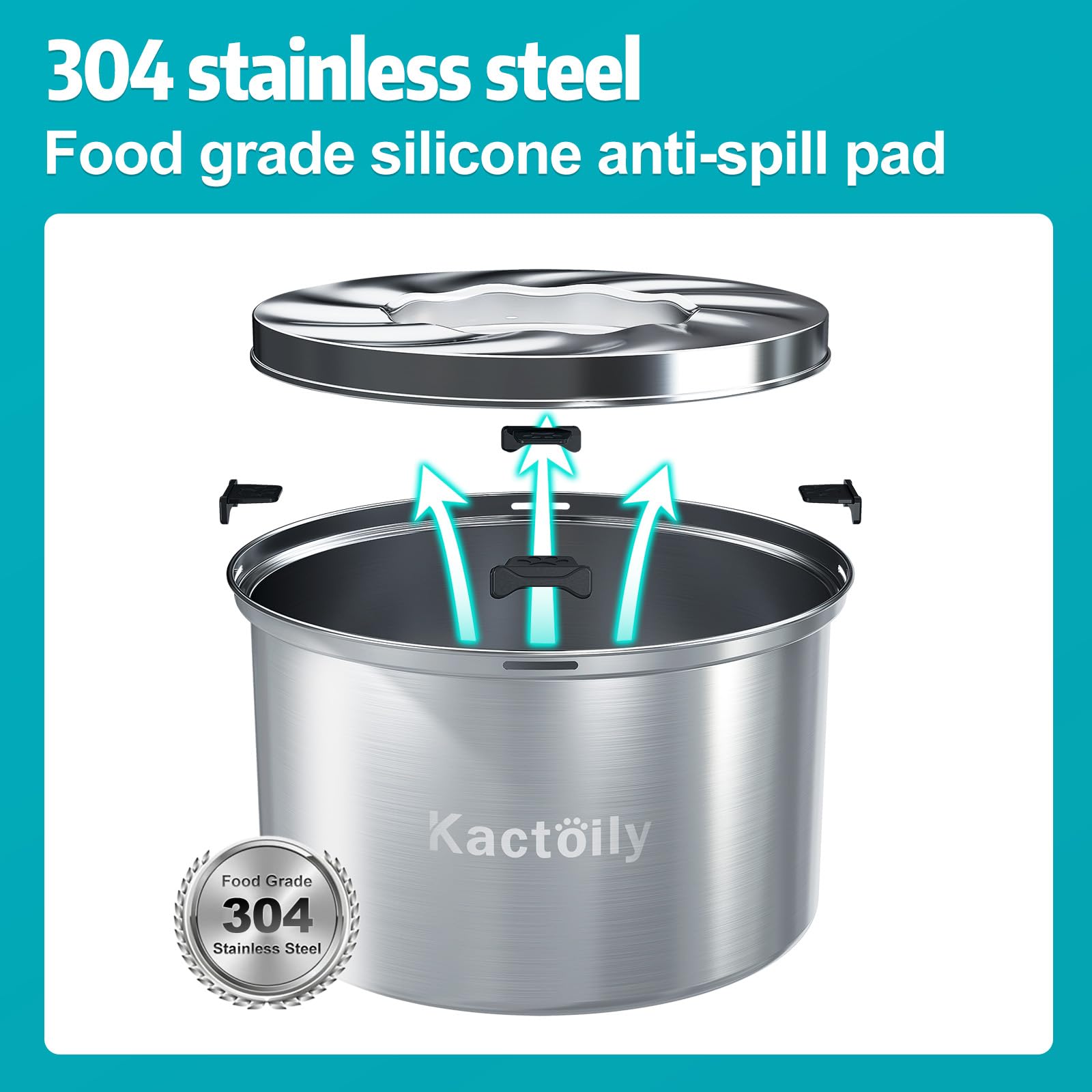 Kactoily 5.6L no-spill dog bowl close view of stainless steel materials.