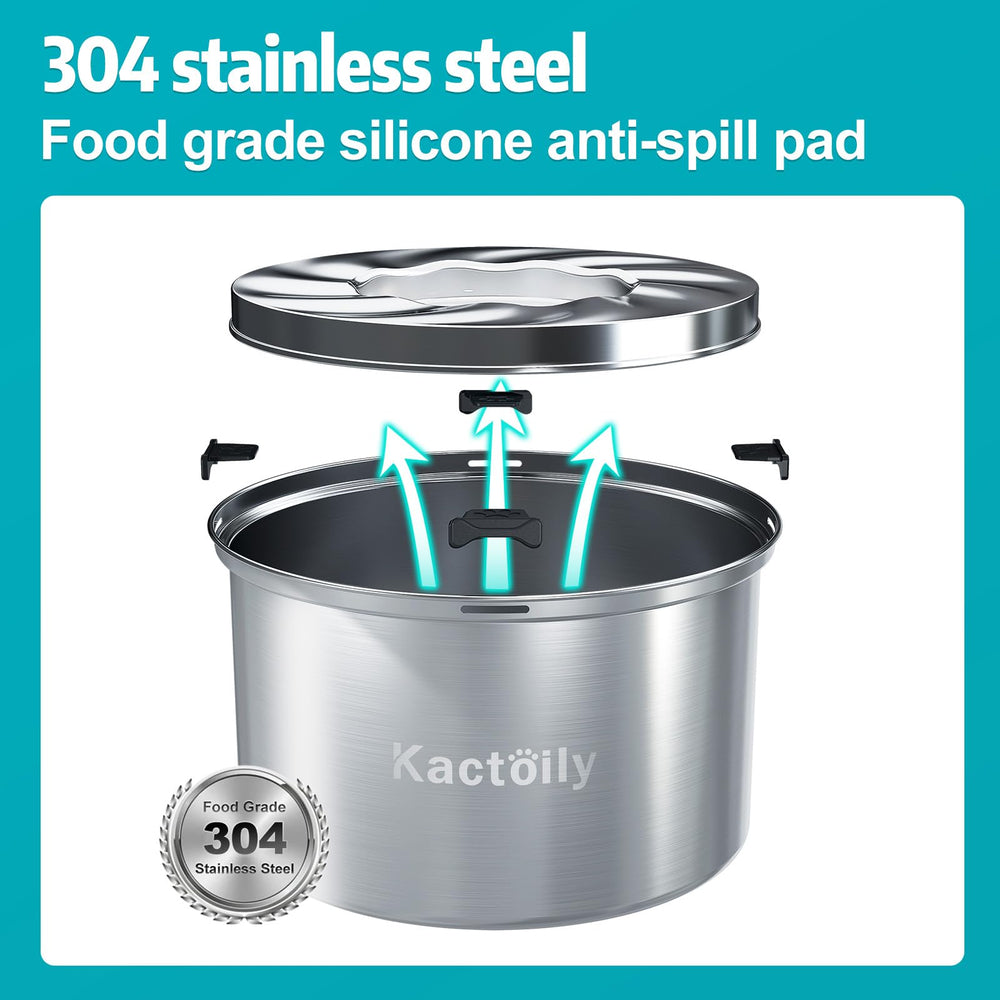 Kactoily 5.6L no-spill dog bowl close view of stainless steel materials.