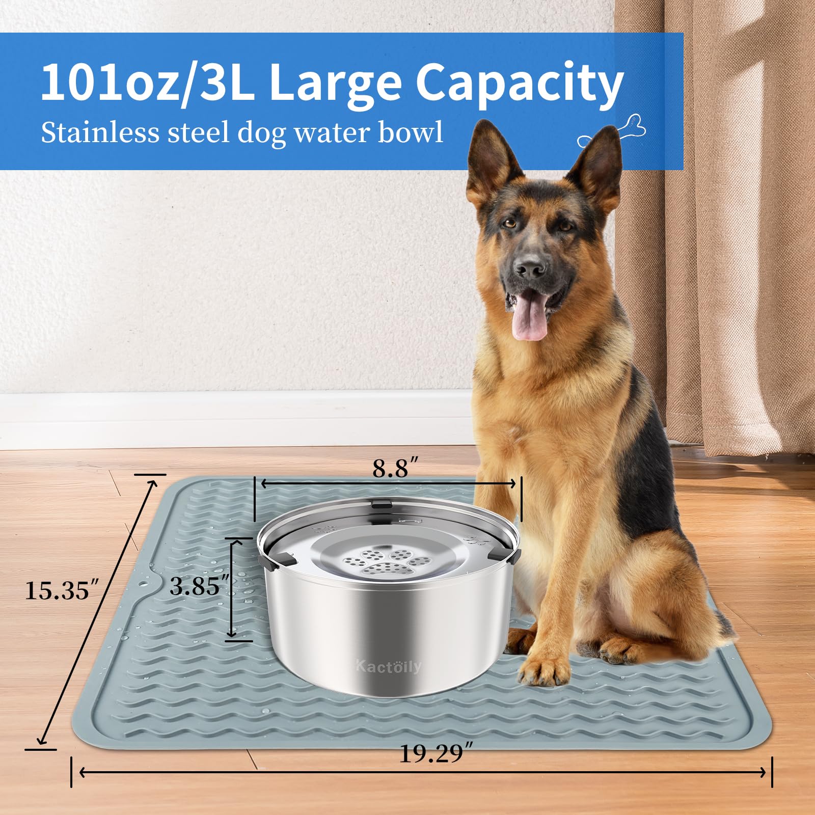 Kactoily spill-proof design shown in action with a dog bowl setup.