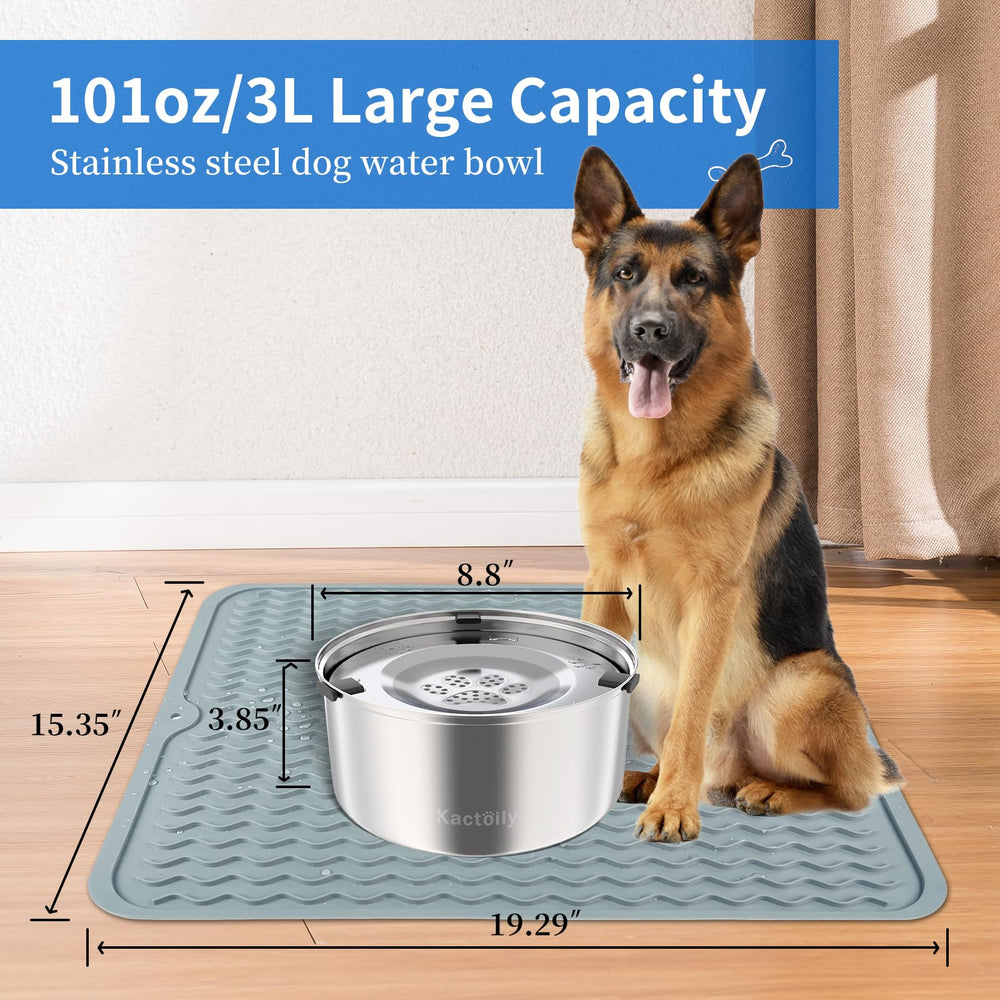 Kactoily spill-proof design shown in action with a dog bowl setup.