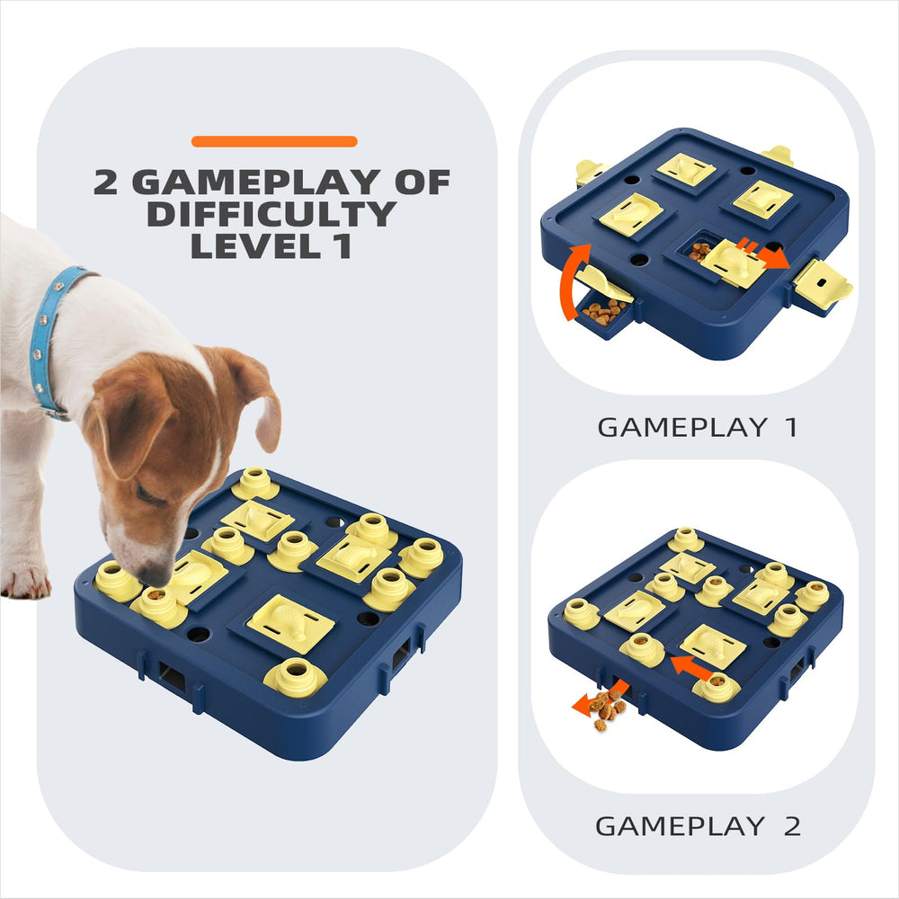 KADTC dog puzzle with nine movable boxes for reward-based problem solving