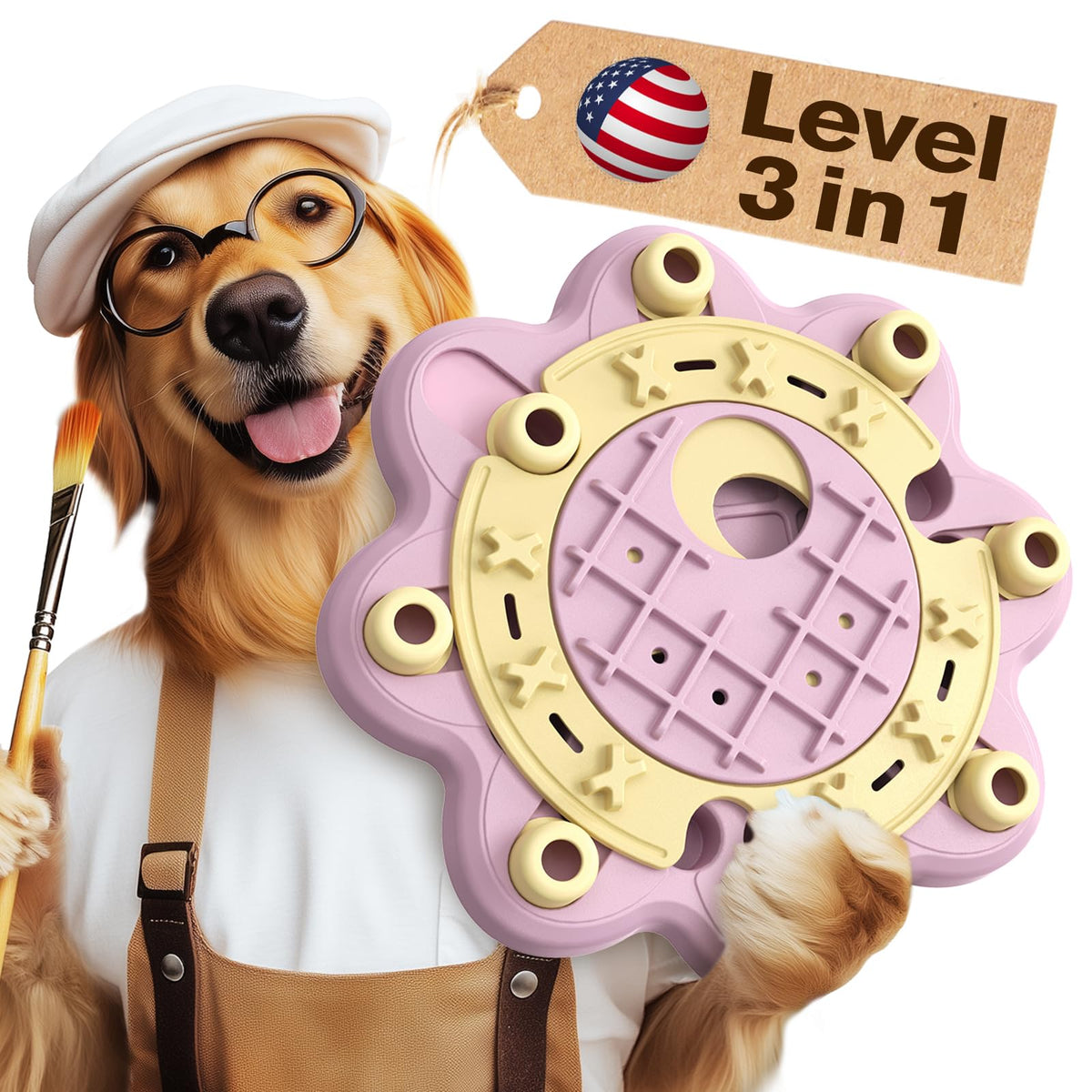 KADTC pink dog puzzle toy shows 3 levels for mental stimulation