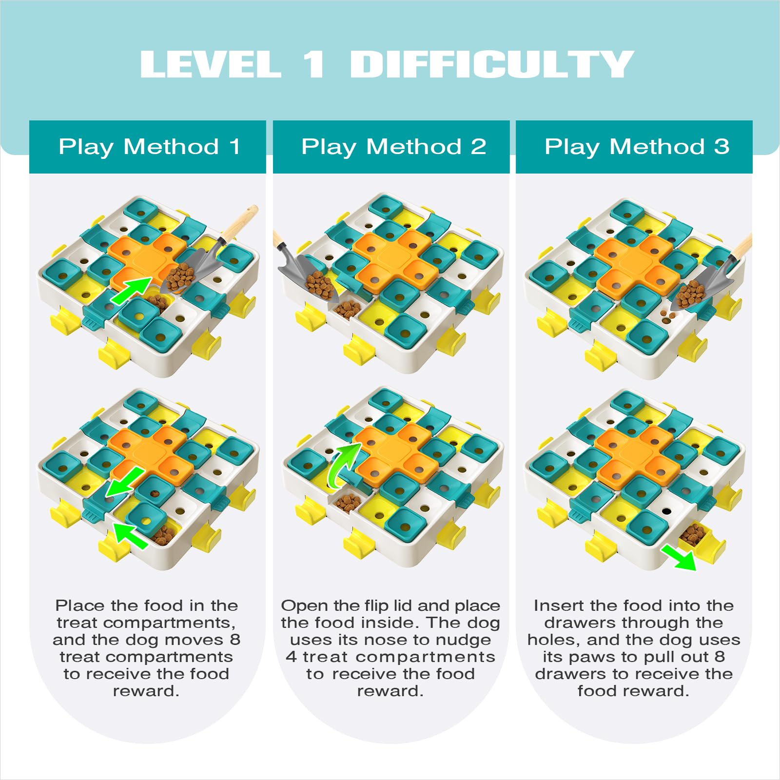 KADTC puzzle toy Level 2 flip lids invite sniffing and paw work for treat rewards.