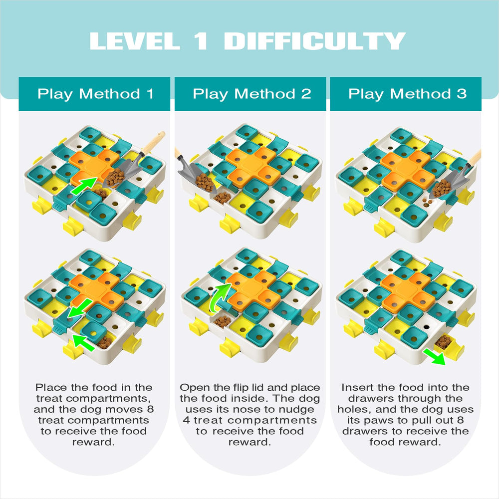 KADTC puzzle toy Level 2 flip lids invite sniffing and paw work for treat rewards.