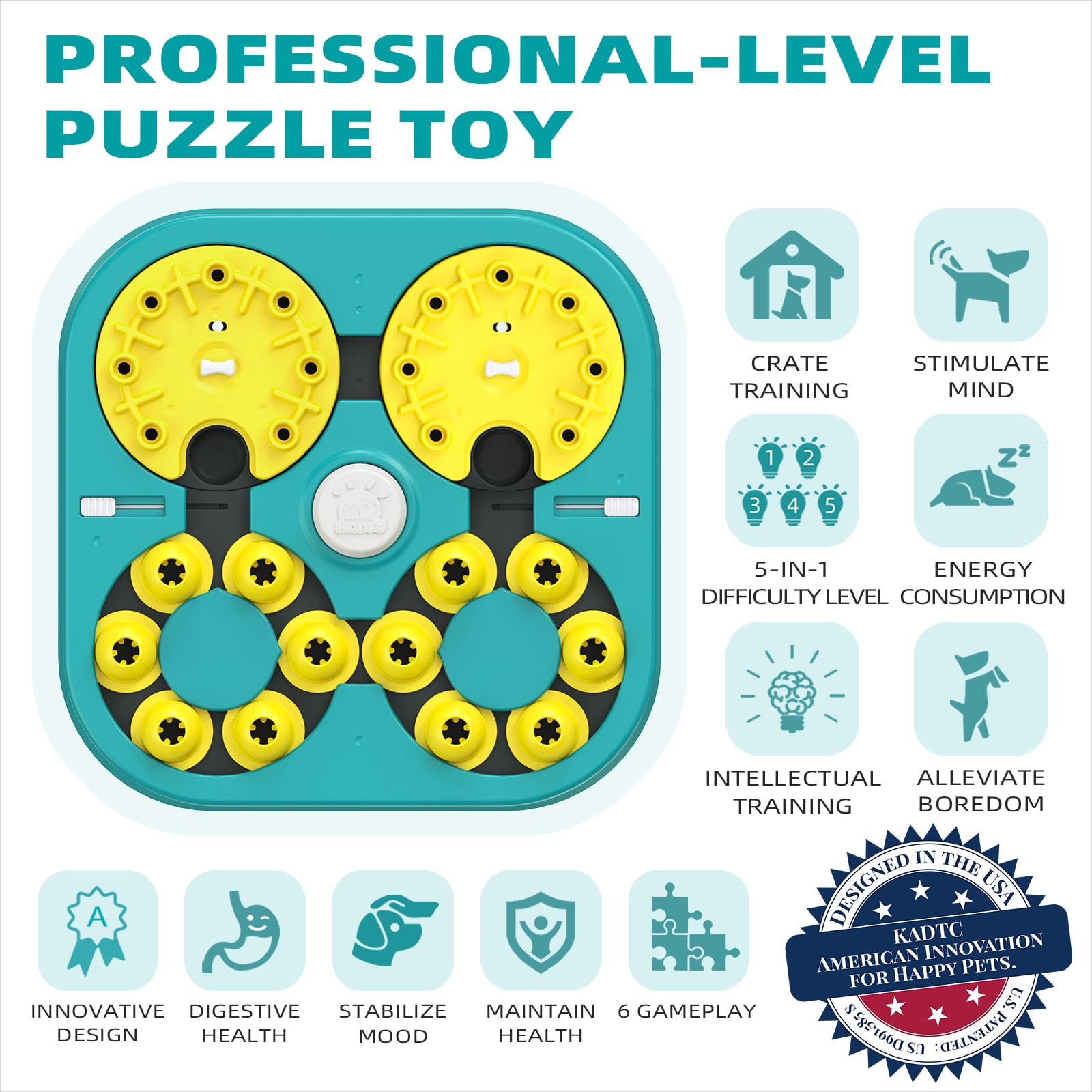 KADTC six gameplay modes provide varied challenges to keep smart dogs mentally engaged.