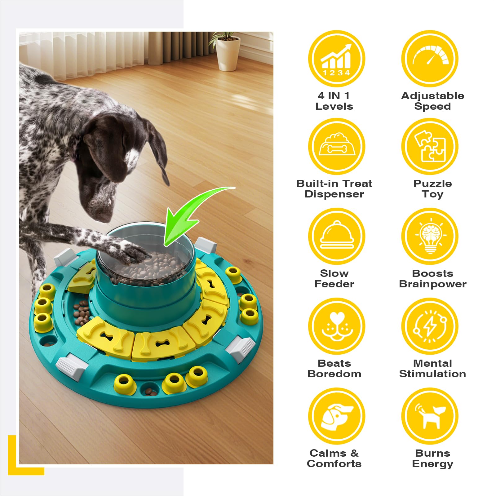 KADTC dog puzzle toy side view shows six treat channels for adjustable challenge.
