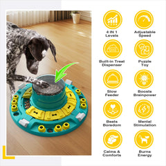 KADTC dog puzzle toy side view shows six treat channels for adjustable challenge.