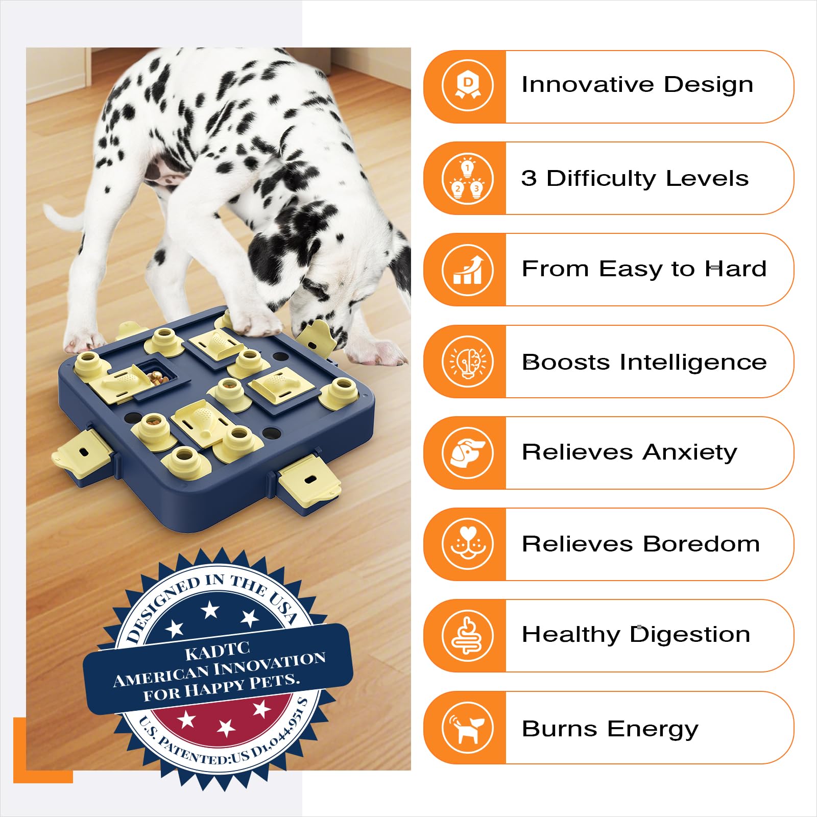 KADTC US-patented design dog puzzle showcasing American innovation