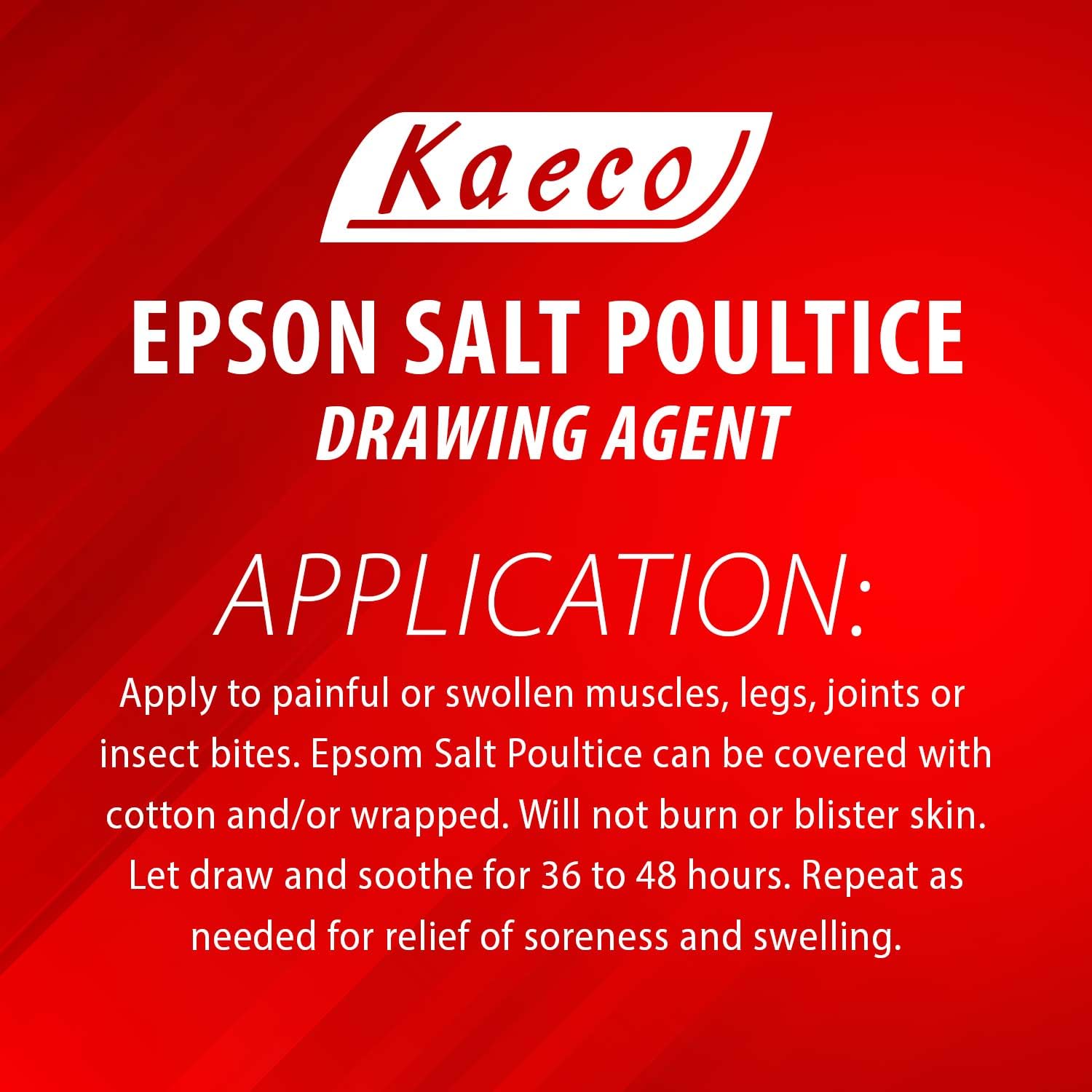 Kaeco Epsom Salt Poultice application area shows skin contact for soothing sore joints and bruises