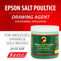 Kaeco Epsom Salt Poultice label closeup highlights usage for abscess drawing