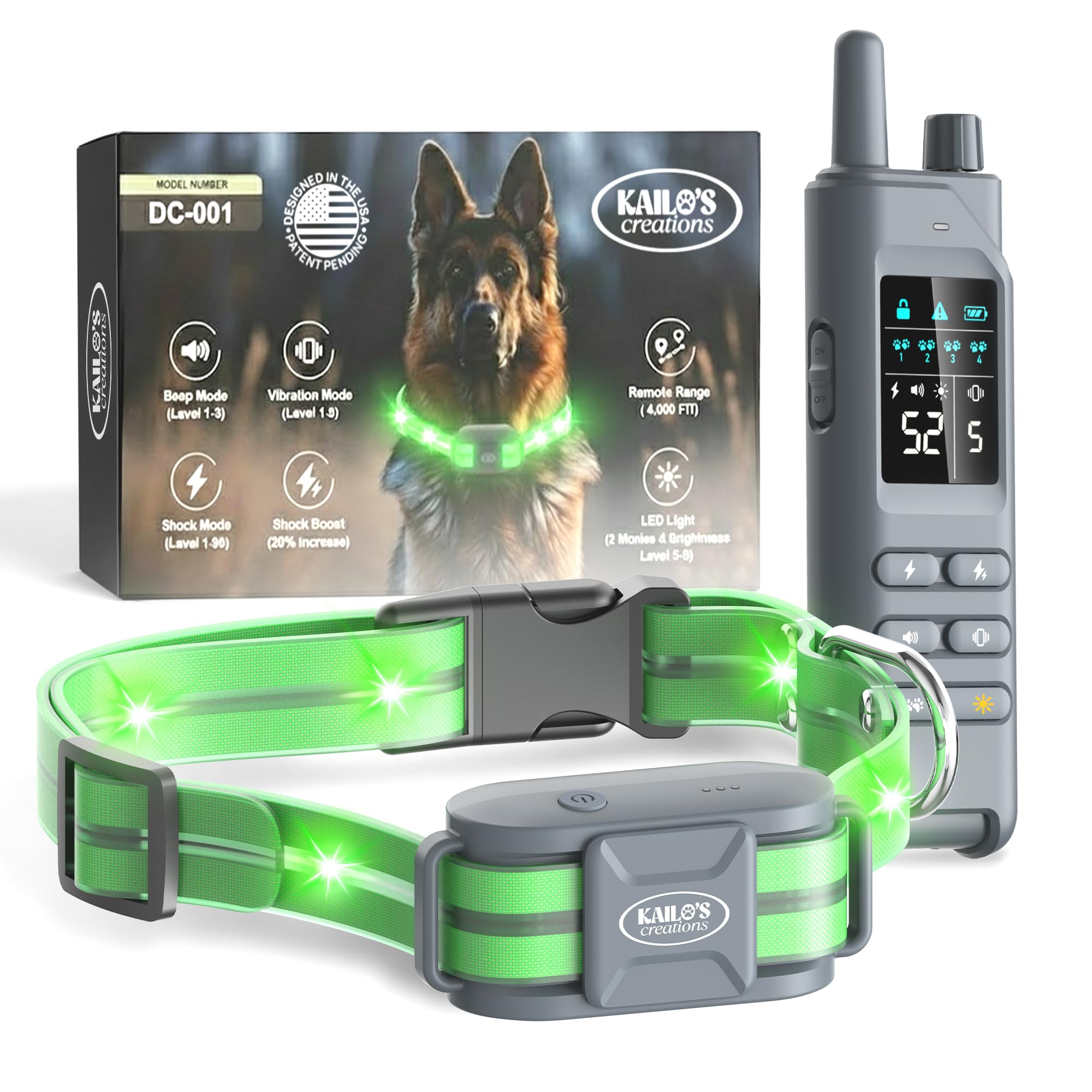 Kailos Creations 2in1 dog collar with remote and LED lights demonstrates remote control for recall.