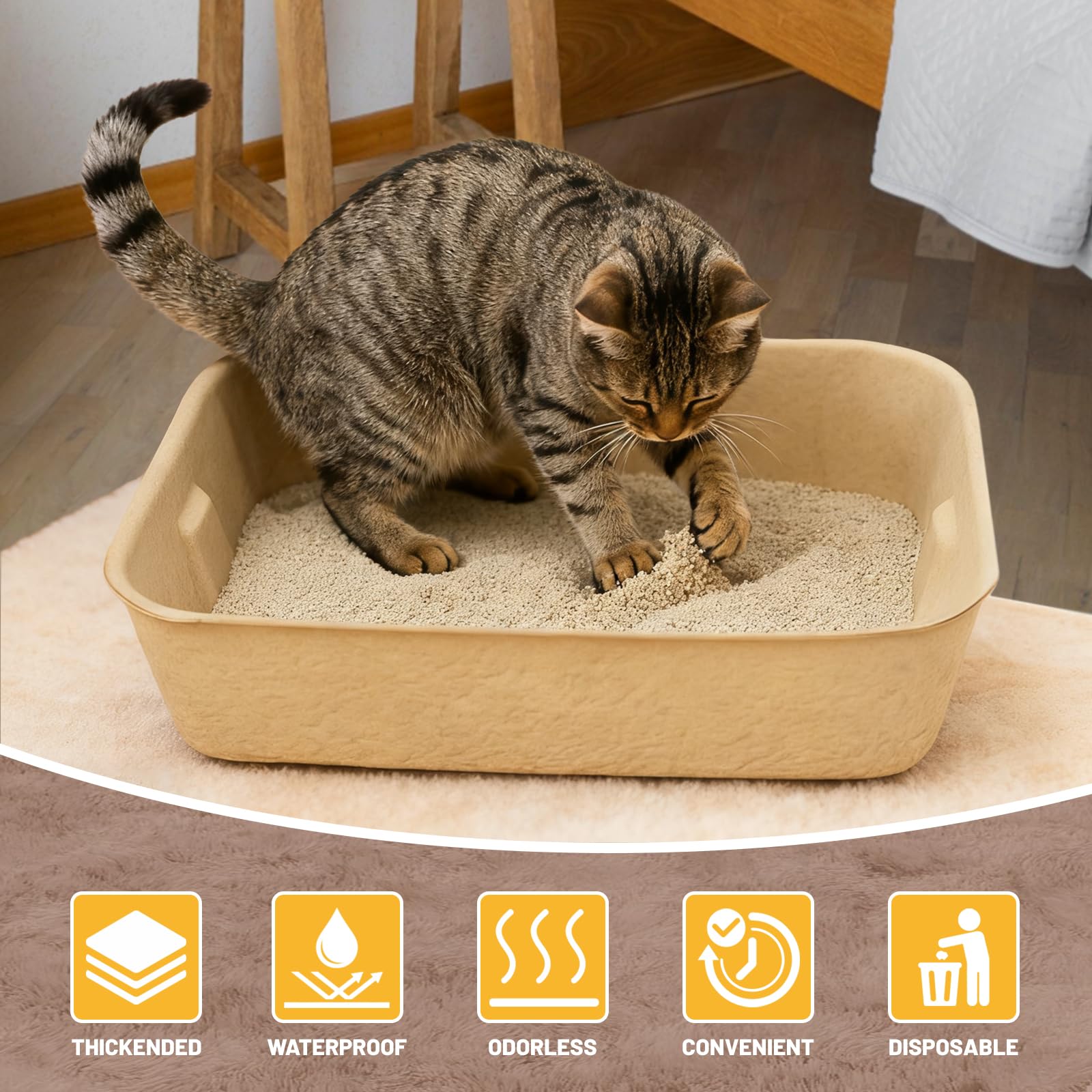 KAKKUE leak-proof paper litter tray keeps floors clean.