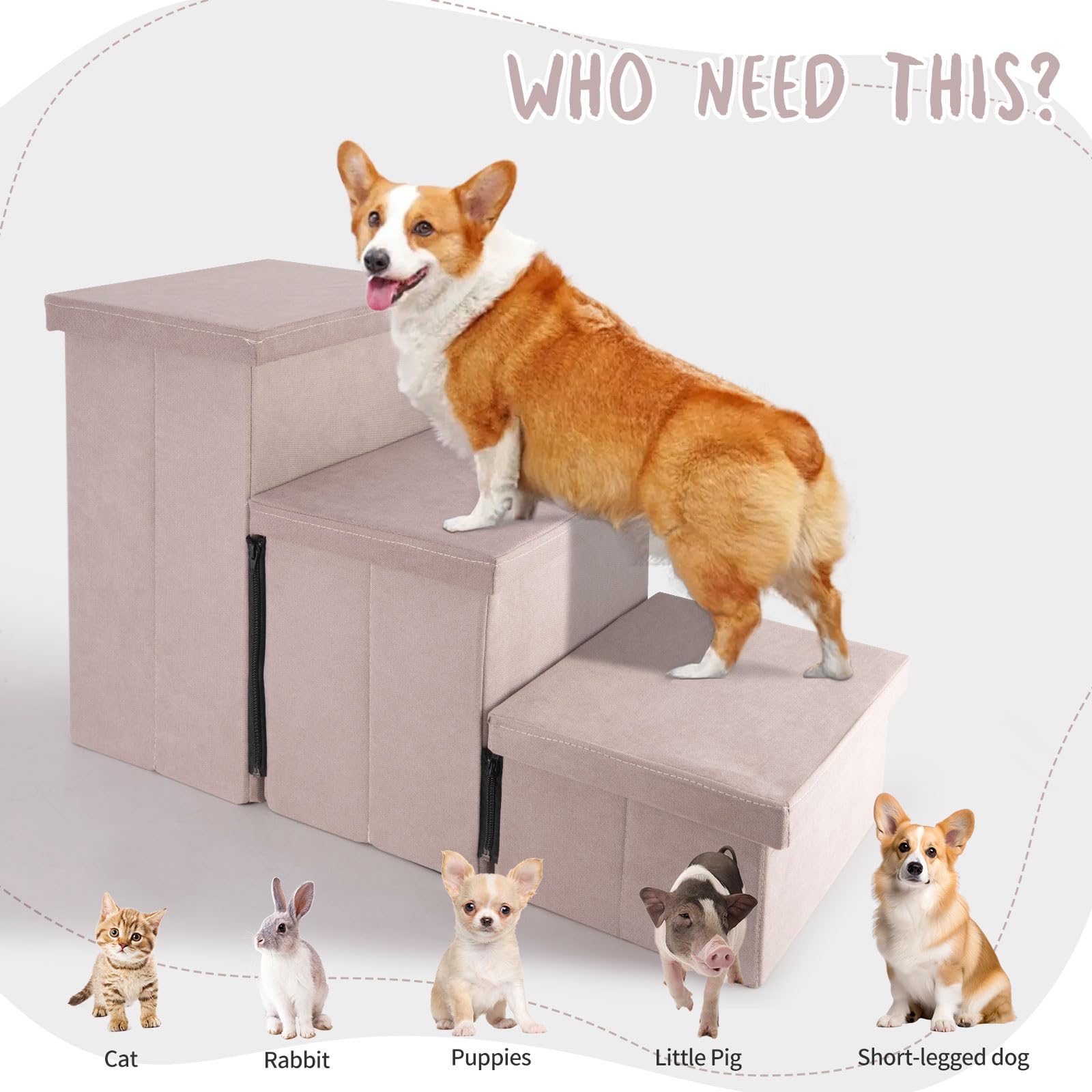 KAKO dog stairs easy-assembly guide showing four steps to set up