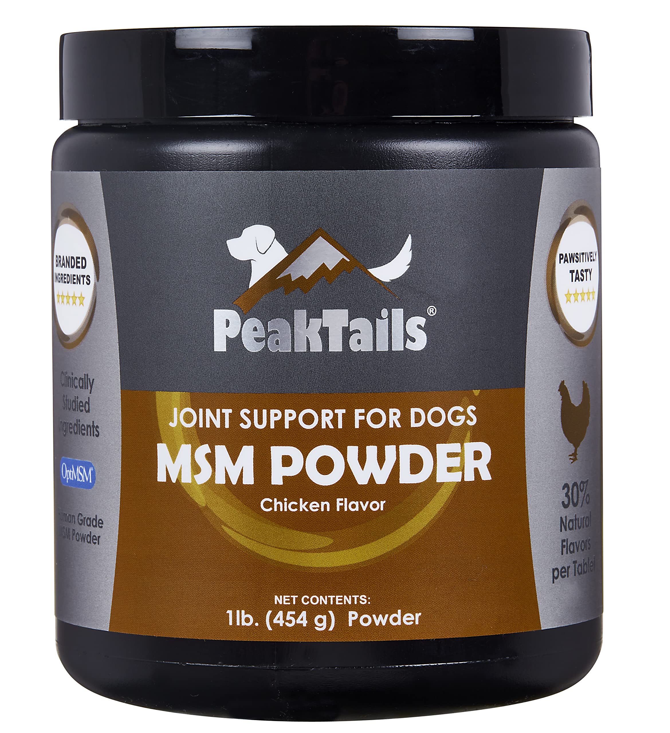 KALA HEALTH PeakTails MSM powder bottle closeup highlighting pure OptiMSM for joints.