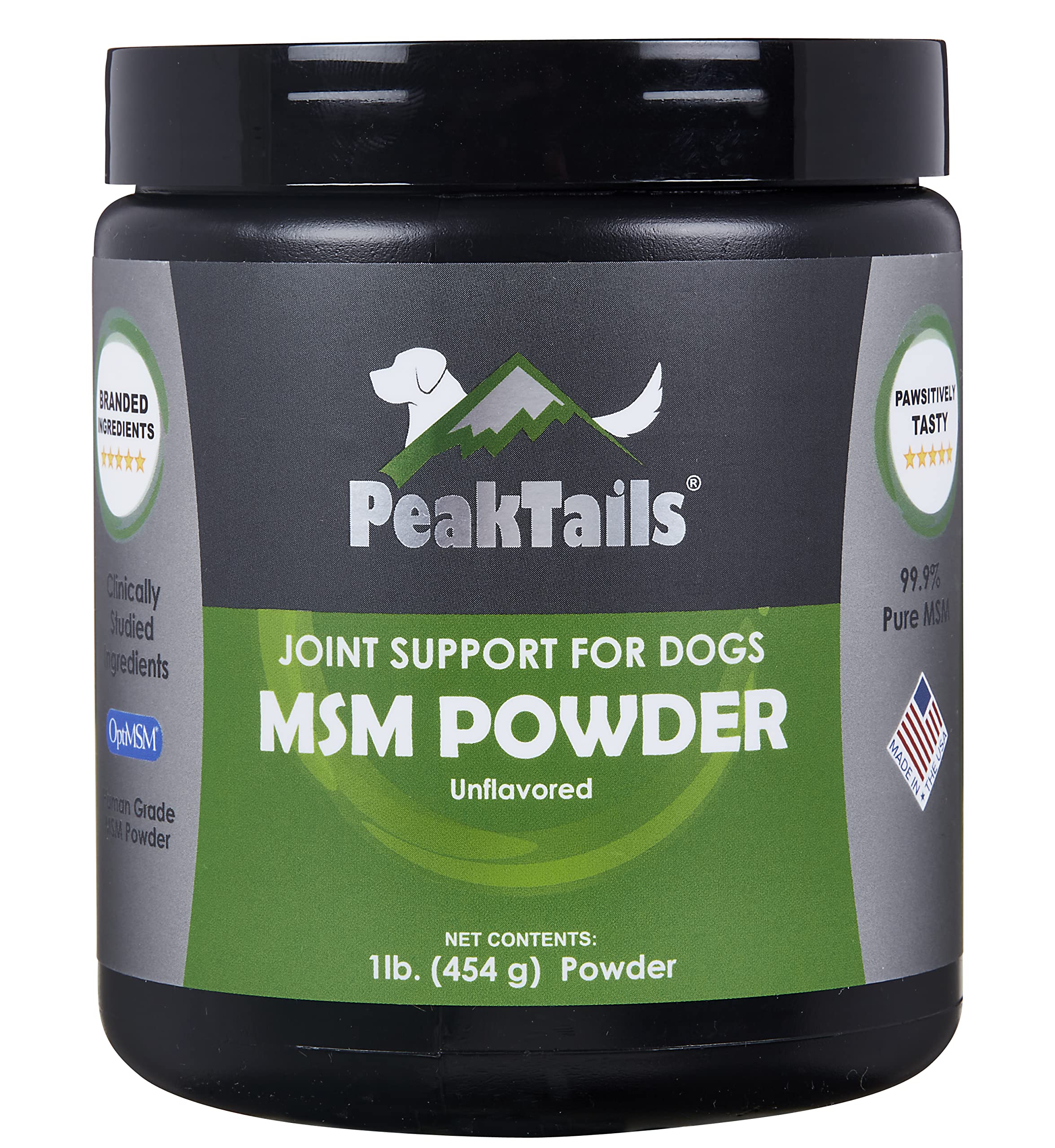 KALA HEALTH PeakTails MSM powder bag supports dog joint mobility.