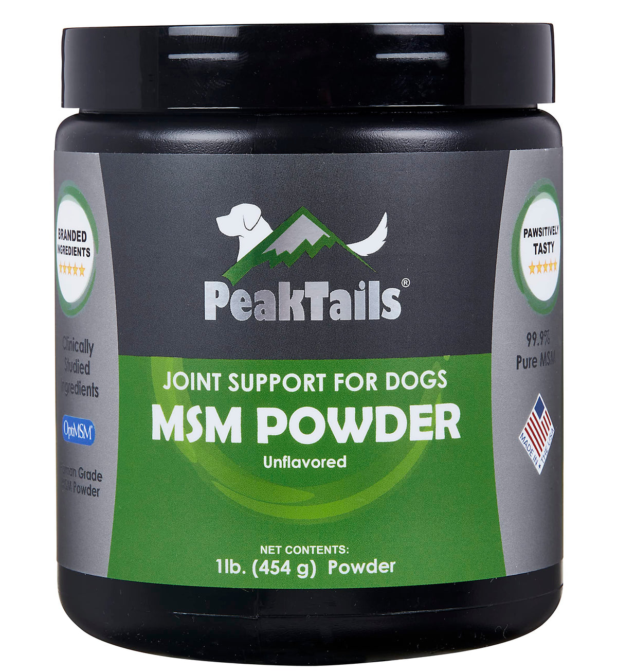 KALA HEALTH PeakTails MSM powder bag supports dog joint mobility.