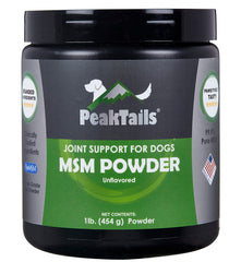 KALA HEALTH PeakTails MSM powder bag supports dog joint mobility.