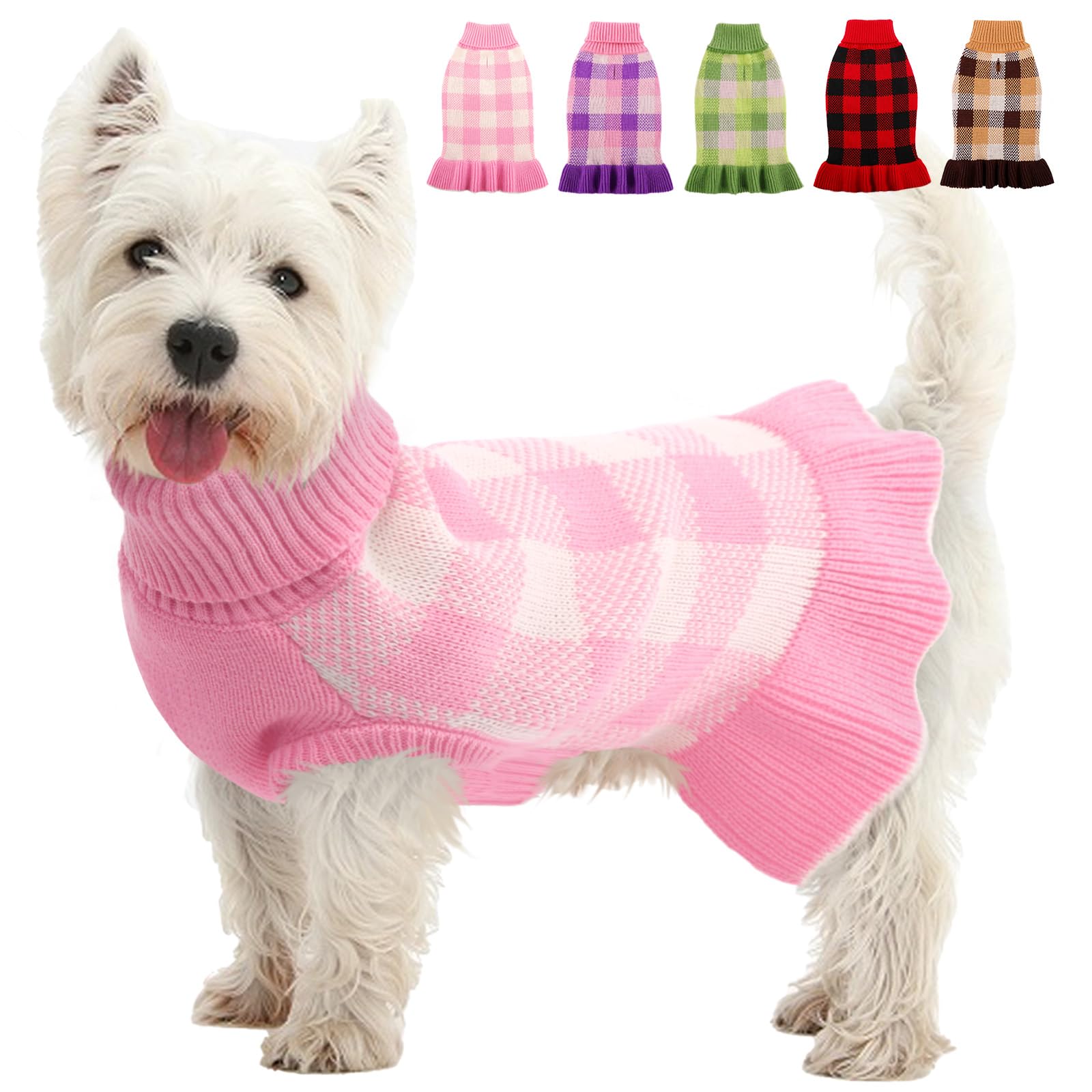 KAMA BRIDAL dog sweater plaid pink XS front view for cozy warmth