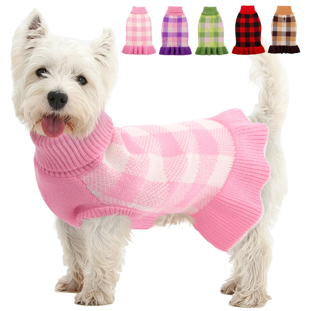 KAMA BRIDAL dog sweater plaid pink XS front view for cozy warmth