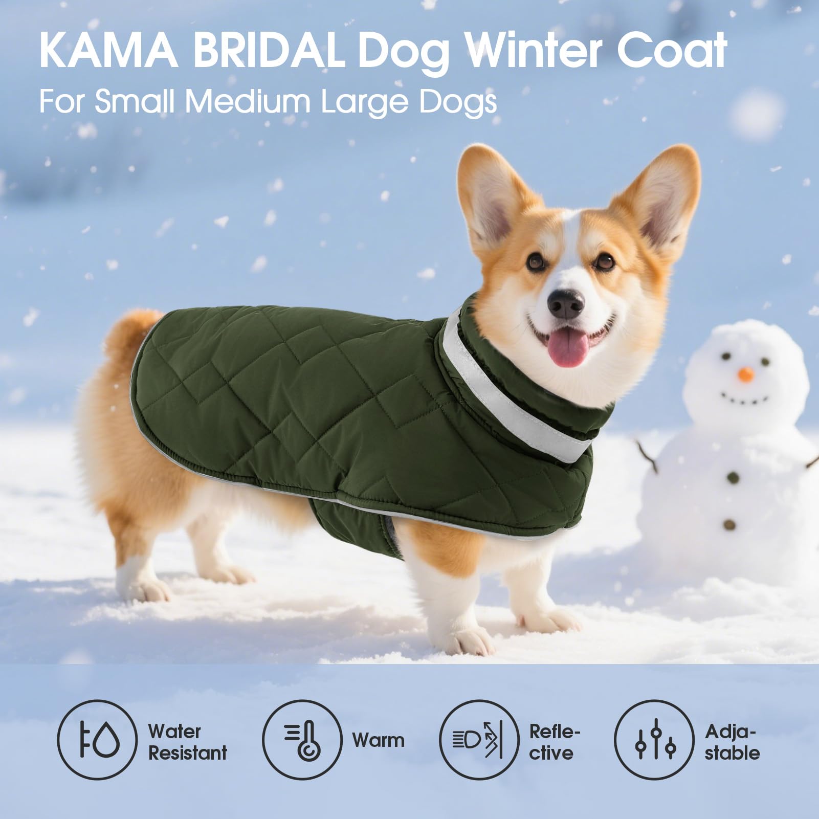 KAMA BRIDAL dog winter coat adjustable belly strap green L ensures snug fit