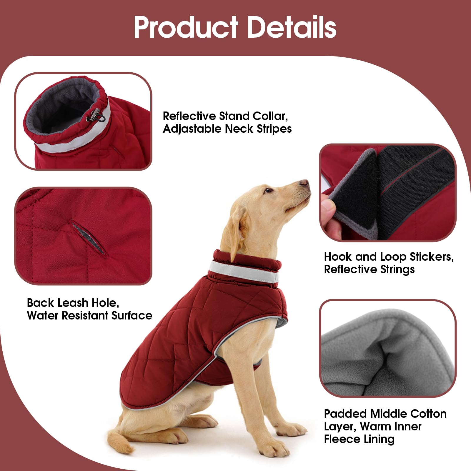 KAMA BRIDAL dog winter coat back view in red showing leash hole.