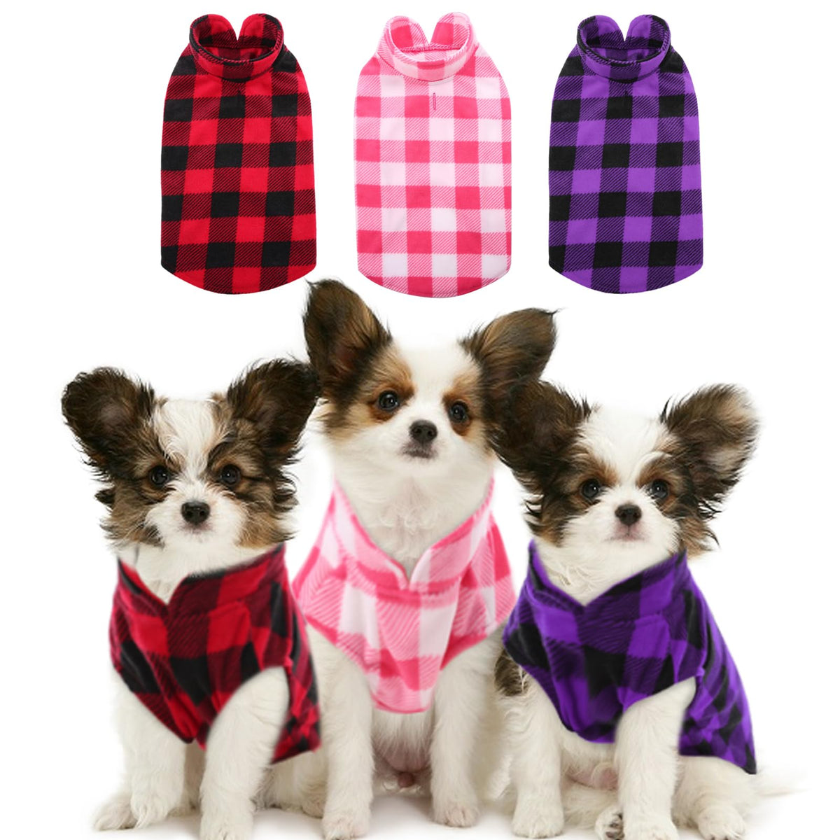 KAMA BRIDAL three-pack blue-black plaid dog coat on a small dog for warmth