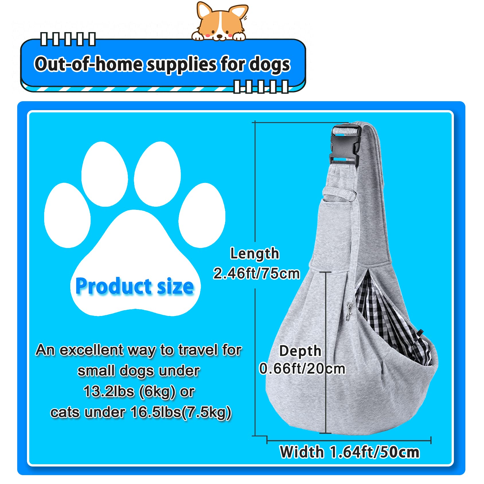 Kanemc dog sling detachable hard-bottom provides sturdy pet support on trips.