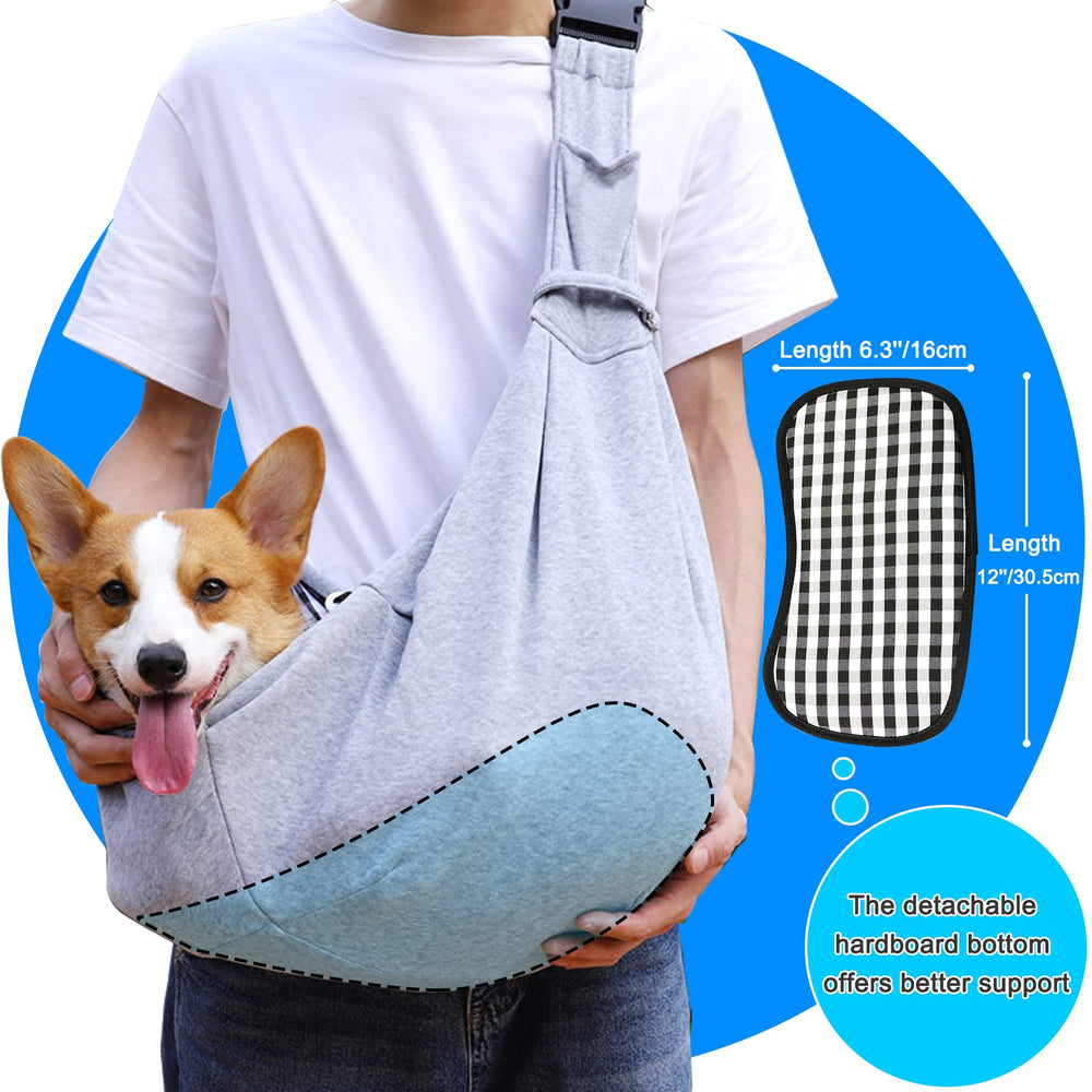 Kanemc dog sling front-pocket offers convenient space for keys and treats.