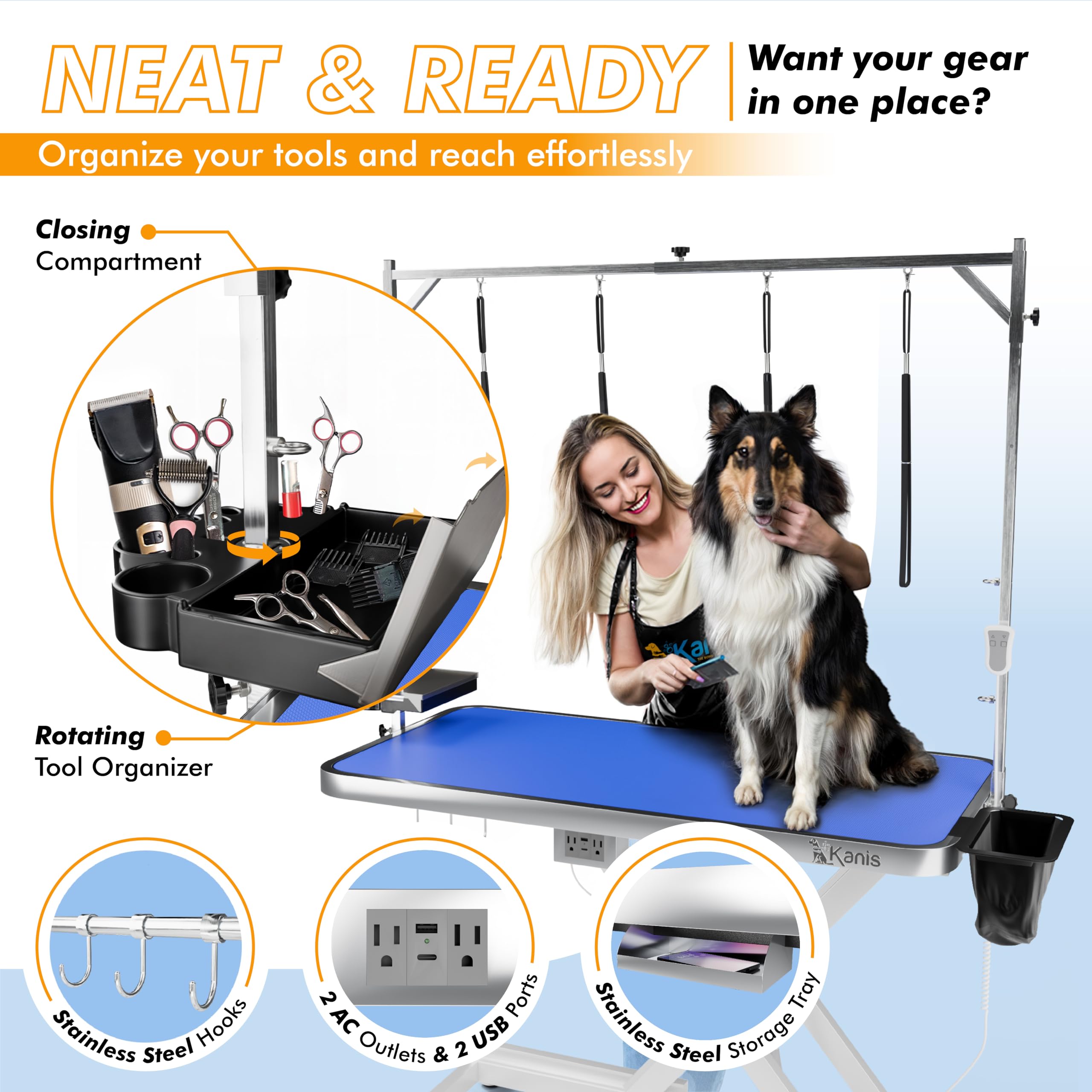 KANIS accessory panel image highlights built in tool organizer and USB outlets for busy days