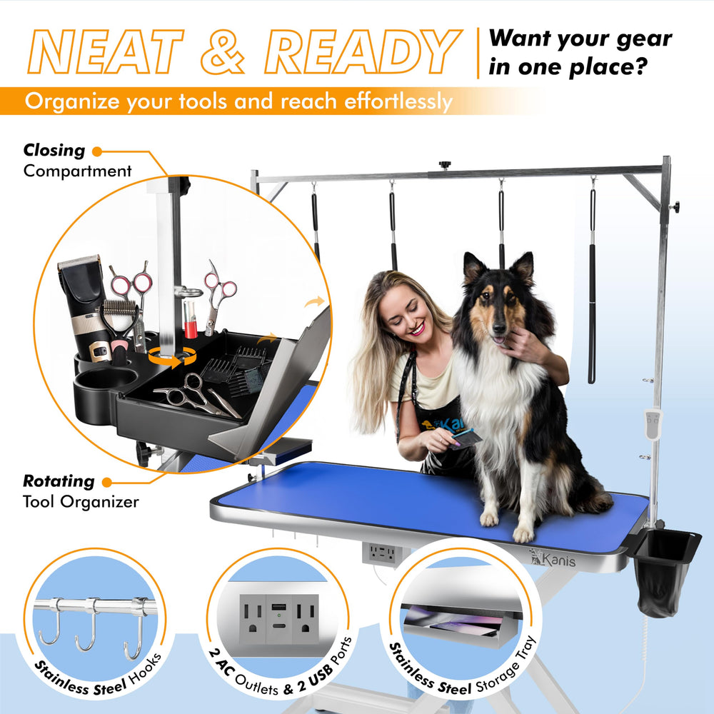 KANIS accessory panel image highlights built in tool organizer and USB outlets for busy days