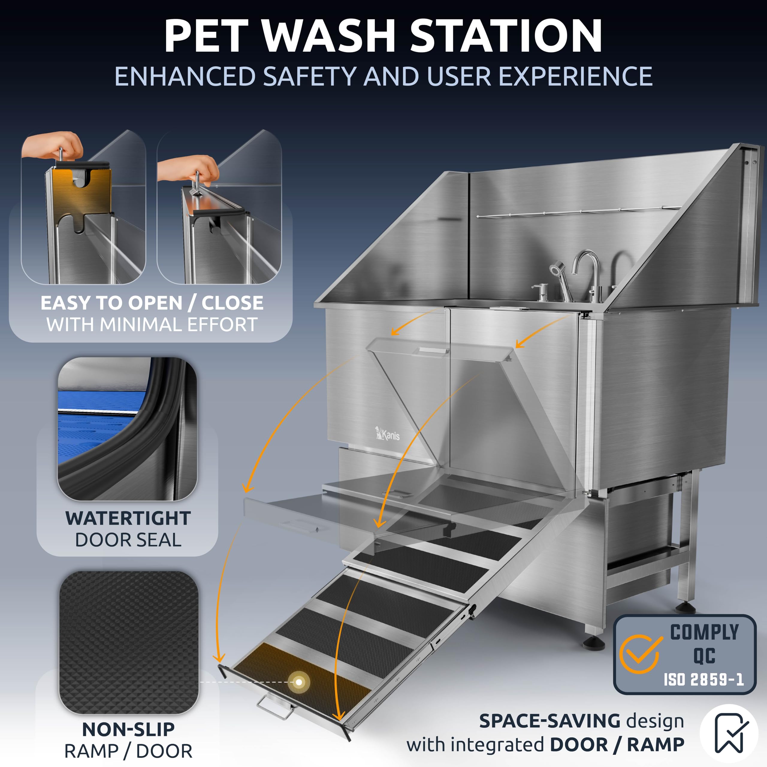 KANIS adjustable floor grate supports comfortable grooming posture for you and dogs.