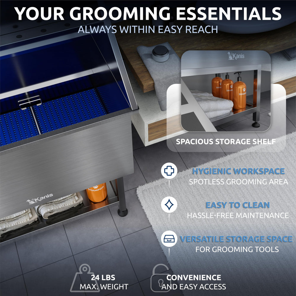 KANIS adjustable floor grate enables ergonomic grooming at multiple heights.